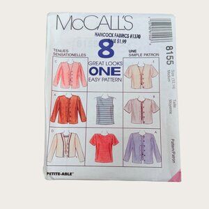 Vintage 1990s McCalls Sewing Pattern 8155 Misses Top Jacket Size 12-14 Medium